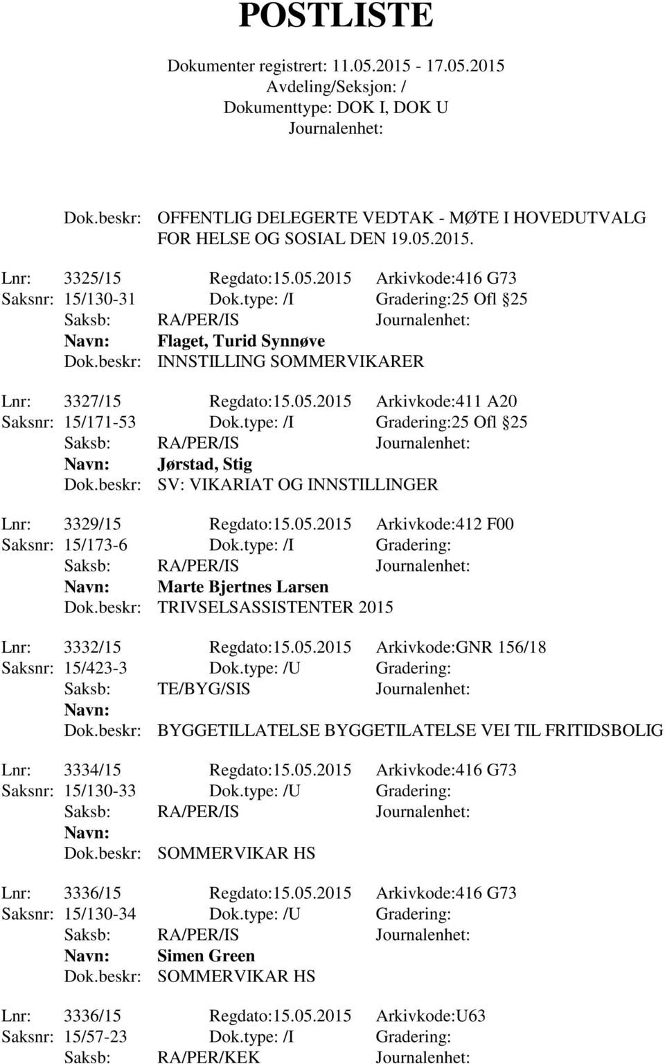 type: /I Gradering:25 Ofl 25 Jørstad, Stig Dok.beskr: SV: VIKARIAT OG INNSTILLINGER Lnr: 3329/15 Regdato:15.05.2015 Arkivkode:412 F00 Saksnr: 15/173-6 Dok.