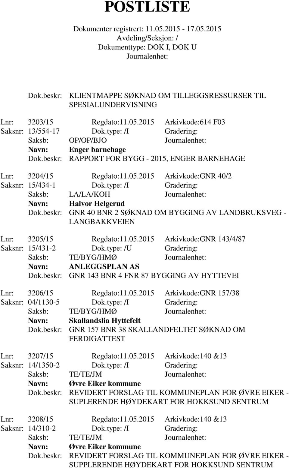 type: /I Gradering: Saksb: LA/LA/KOH Halvor Helgerud Dok.beskr: GNR 40 BNR 2 SØKNAD OM BYGGING AV LANDBRUKSVEG - LANGBAKKVEIEN Lnr: 3205/15 Regdato:11.05.2015 Arkivkode:GNR 143/4/87 Saksnr: 15/431-2 Dok.