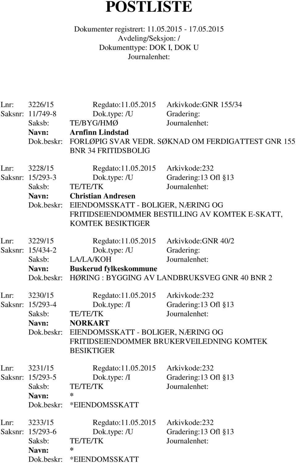 beskr: EIENDOMSSKATT - BOLIGER, NÆRING OG FRITIDSEIENDOMMER BESTILLING AV KOMTEK E-SKATT, KOMTEK BESIKTIGER Lnr: 3229/15 Regdato:11.05.2015 Arkivkode:GNR 40/2 Saksnr: 15/434-2 Dok.