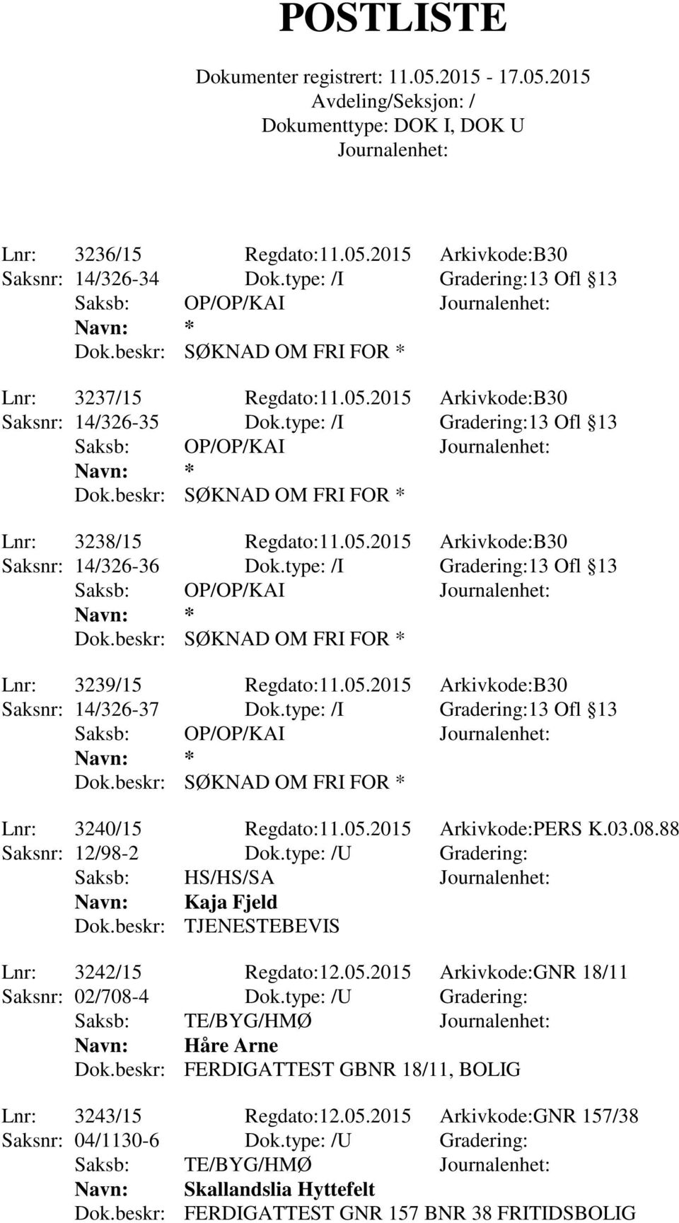 05.2015 Arkivkode:B30 Saksnr: 14/326-37 Dok.type: /I Gradering:13 Ofl 13 Saksb: OP/OP/KAI Dok.beskr: SØKNAD OM FRI FOR * Lnr: 3240/15 Regdato:11.05.2015 Arkivkode:PERS K.03.08.88 Saksnr: 12/98-2 Dok.