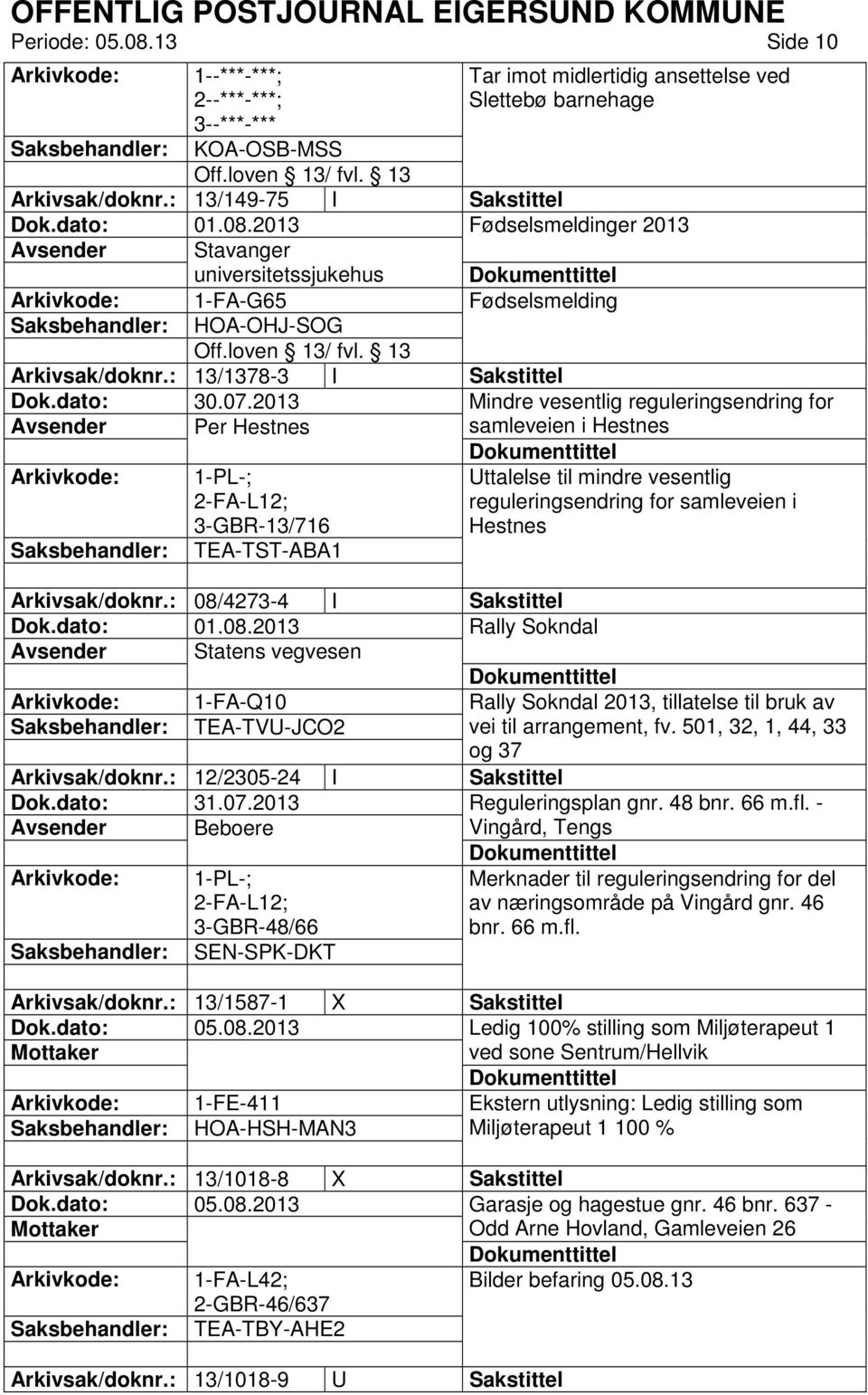 2013 Mindre vesentlig reguleringsendring for Avsender Per Hestnes samleveien i Hestnes 1-PL-; 2-FA-L12; 3-GBR-13/716 Uttalelse til mindre vesentlig reguleringsendring for samleveien i Hestnes