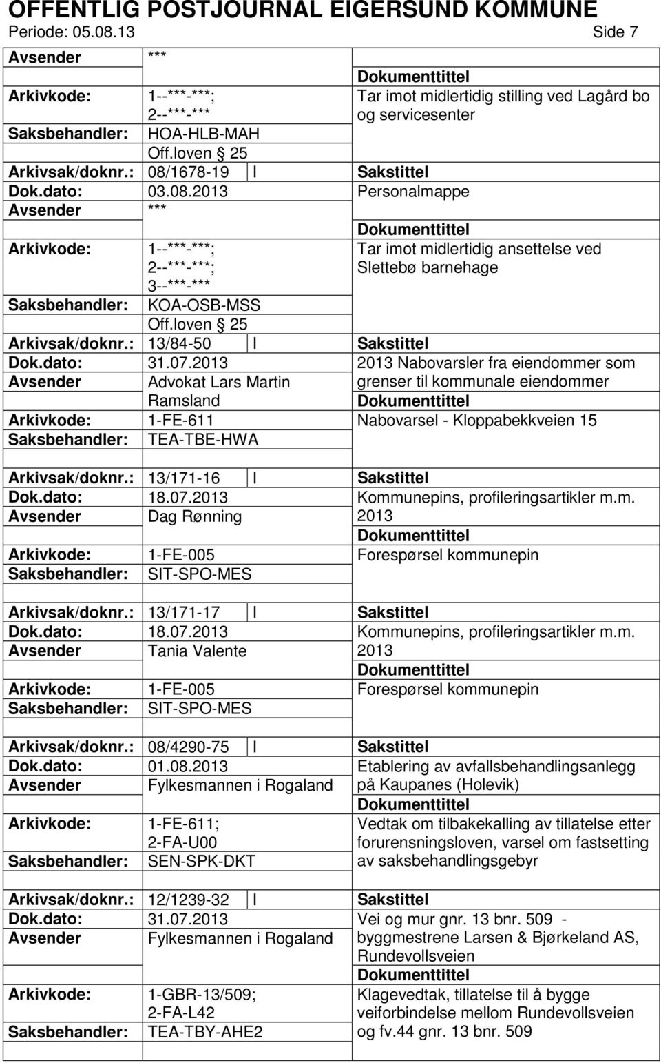 2013 2013 Nabovarsler fra eiendommer som Avsender Advokat Lars Martin grenser til kommunale eiendommer Ramsland 1-FE-611 Nabovarsel - Kloppabekkveien 15 TEA-TBE-HWA Arkivsak/doknr.