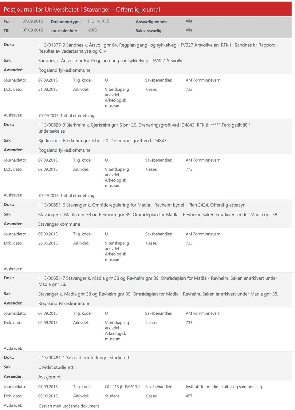 2015 Arkivdel: Vitenskapelig 733, Tatt til etterretning I, 13/00629-3 Bjerkreim k. Bjerkreim gnr 5 bnr 20. Dreneringsgrøft ved ID4843. RFK til ***** Ferdigstilt 8,1 undersøkelse Bjerkreim k.