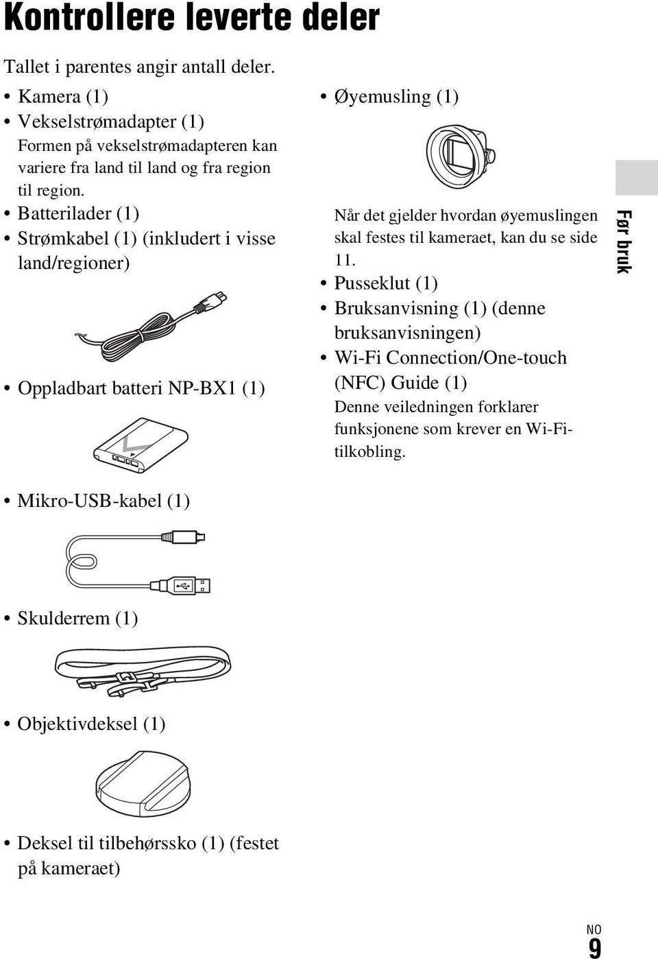 Batterilader (1) Strømkabel (1) (inkludert i visse land/regioner) Oppladbart batteri NP-BX1 (1) Øyemusling (1) Når det gjelder hvordan øyemuslingen skal festes til