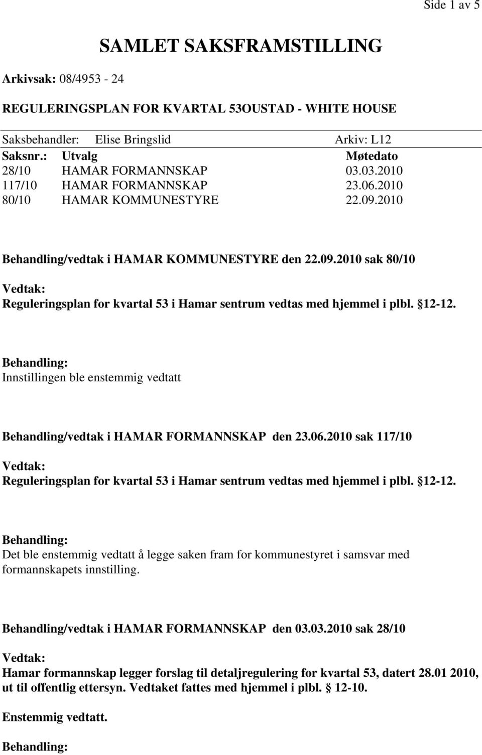 2010 Behandling/vedtak i HAMAR KOMMUNESTYRE den 22.09.2010 sak 80/10 Innstillingen ble enstemmig vedtatt Behandling/vedtak i HAMAR FORMANNSKAP den 23.06.