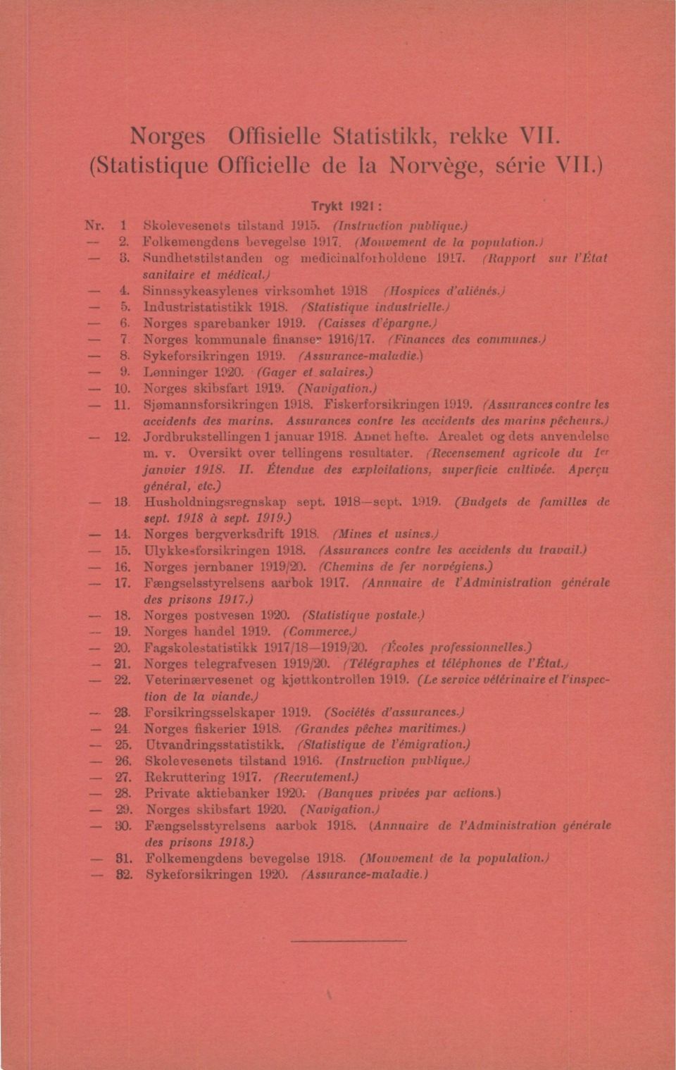 industristatistikk 98. (Statistique industrielle.) 6. Norges sparebanker 99. (Caisses d'épargne.) 7. Norges kommunale finanser 96/7. (Finances des communes.) 8. Sykeforsikringen 99.