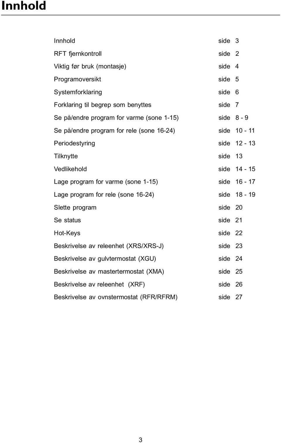 program for varme (sone 1-15) side 16-17 Lage program for rele (sone 16-24) side 18-19 Slette program side 20 Se status side 21 Hot-Keys side 22 Beskrivelse av releenhet