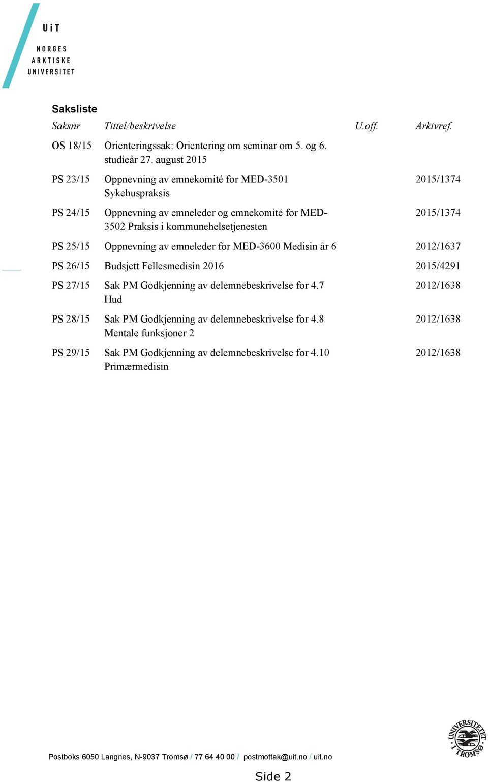 25/15 Oppnevning av emneleder for MED-3600 Medisin år 6 2012/1637 PS 26/15 Budsjett Fellesmedisin 2016 2015/4291 PS 27/15 Sak PM Godkjenning av delemnebeskrivelse for 4.