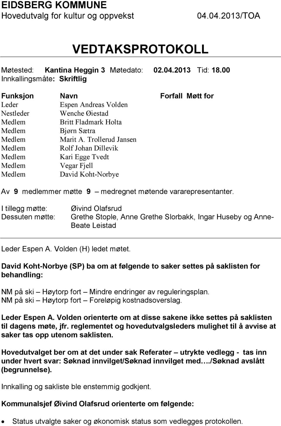 Trollerud Jansen Medlem Rolf Johan Dillevik Medlem Kari Egge Tvedt Medlem Vegar Fjell Medlem David Koht-Norbye Av 9 medlemmer møtte 9 medregnet møtende vararepresentanter.