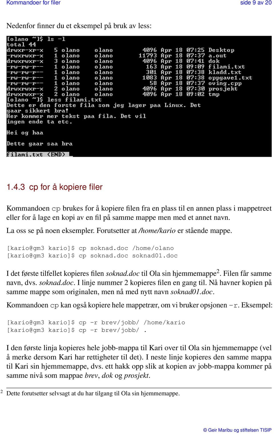 La oss se på noen eksempler. Forutsetter at /home/kario er stående mappe. [kario@gm3 kario]$ cp soknad.doc /home/olano [kario@gm3 kario]$ cp soknad.doc soknad01.