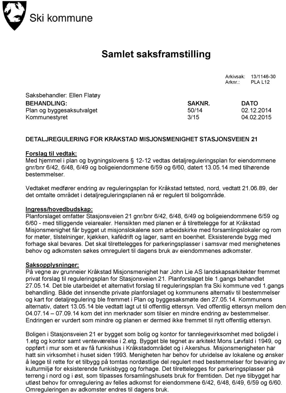 2015 DETALJREGULERING FOR KRÅKSTAD MISJONSMENIGHET STASJONSVEIEN 21 Forslag til vedtak: Med hjemmel i plan og bygningslovens 12-12 vedtas detaljreguleringsplan for eiendommene gnr/bnr 6/42, 6/48,