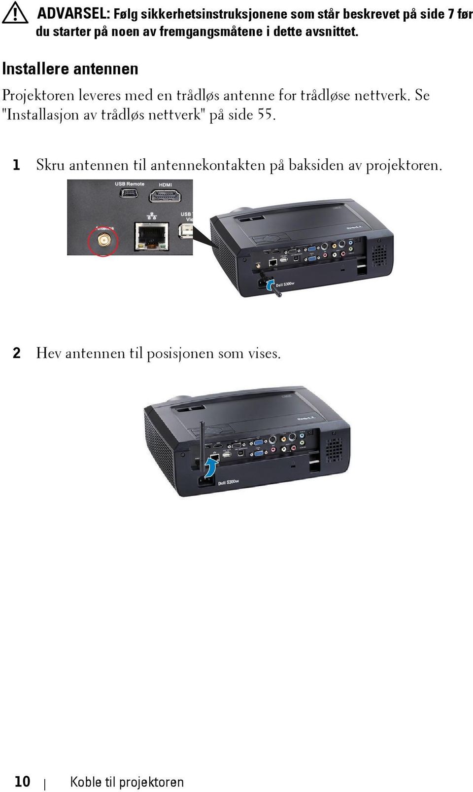 Installere antennen Projektoren leveres med en trådløs antenne for trådløse nettverk.