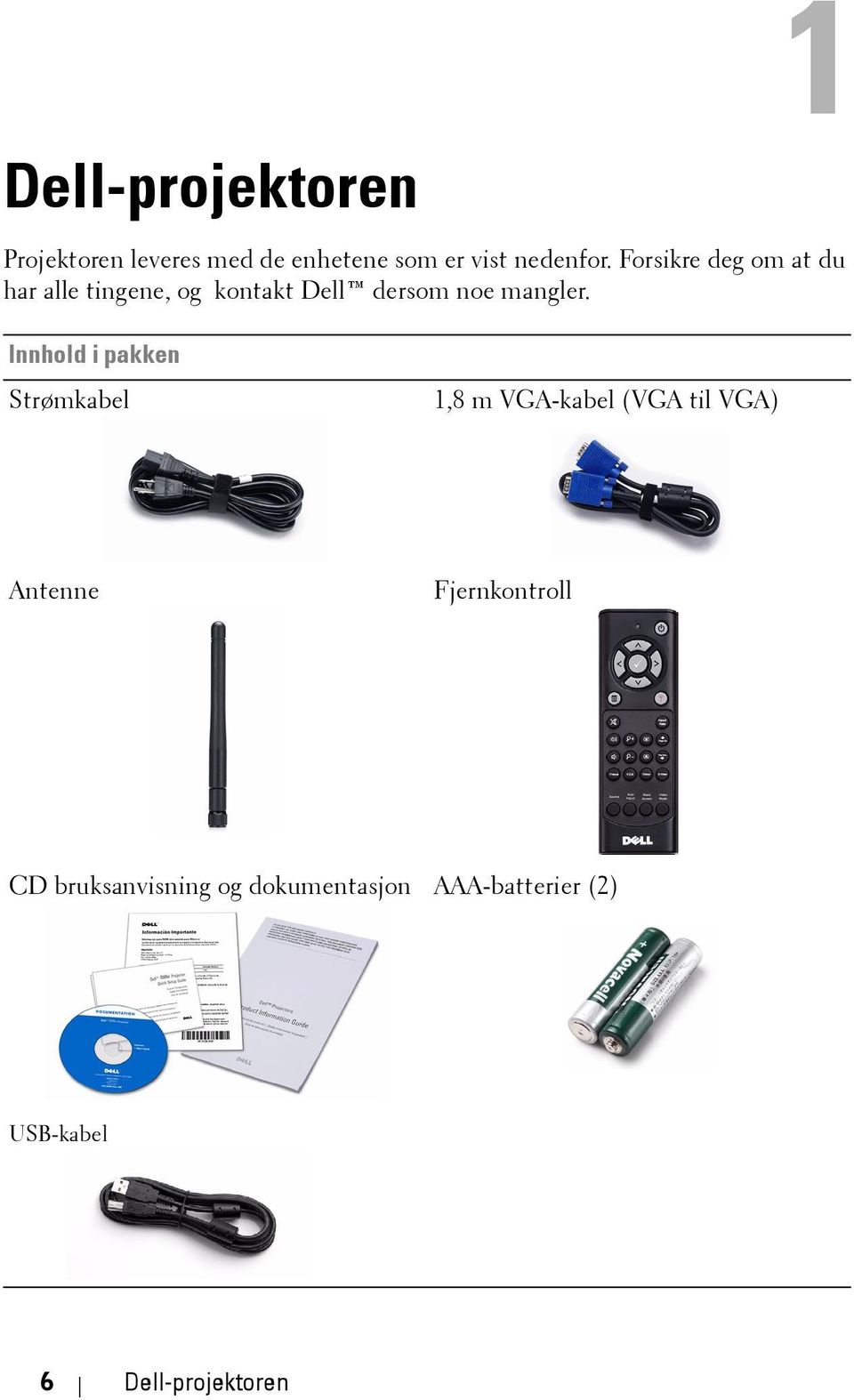 Innhold i pakken Strømkabel 1,8 m VGA-kabel (VGA til VGA) Antenne