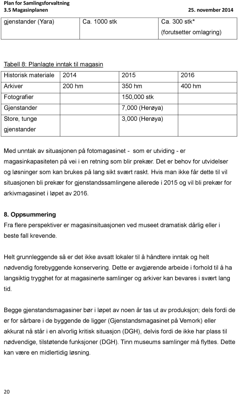 gjenstander 3,000 (Herøya) Med unntak av situasjonen på fotomagasinet - som er utviding - er magasinkapasiteten på vei i en retning som blir prekær.