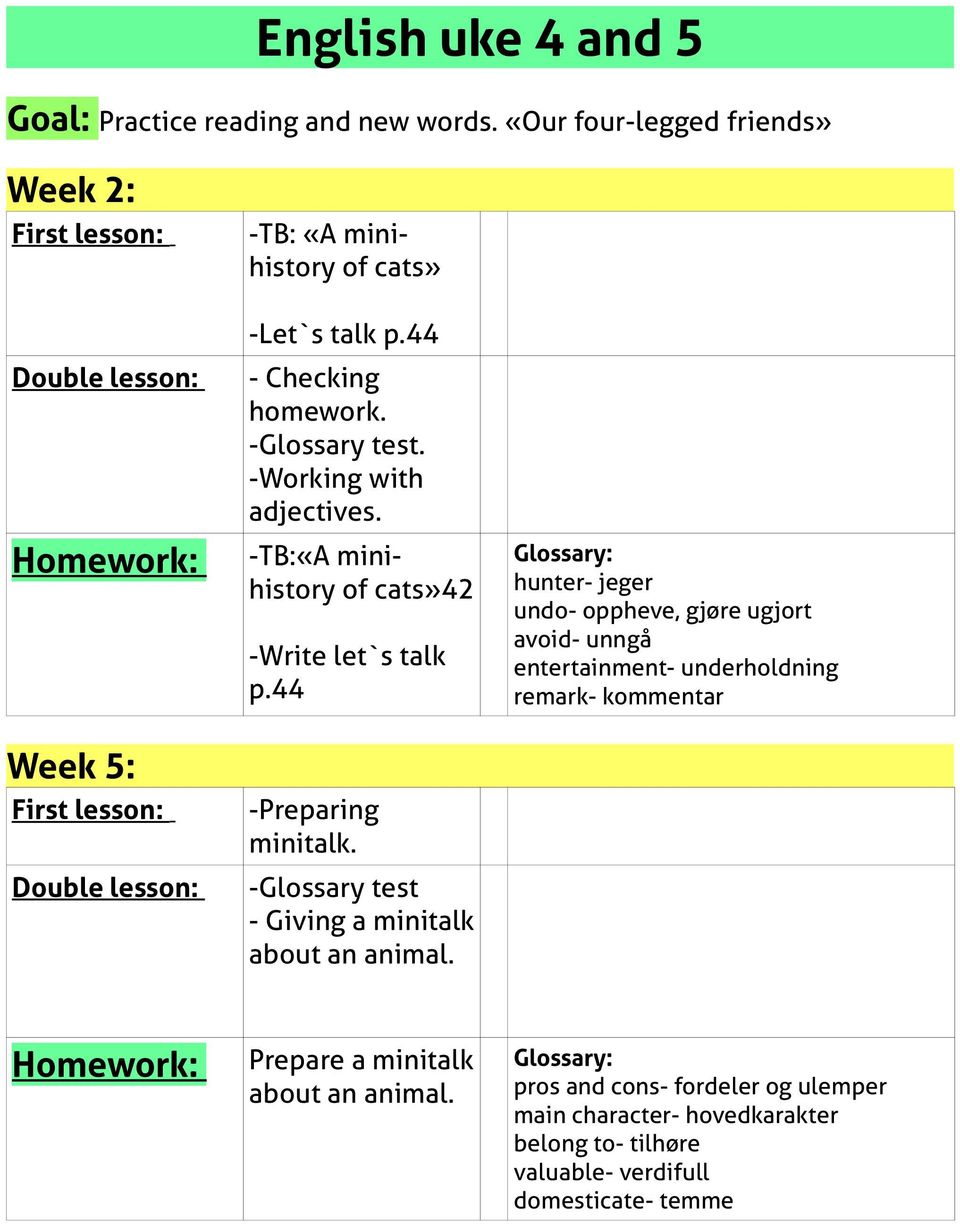 44 - Checking homework. -Glossary test. -Working with adjectives. -TB:«A minihistory of cats»42 -Write let`s talk p.44 -Preparing minitalk.