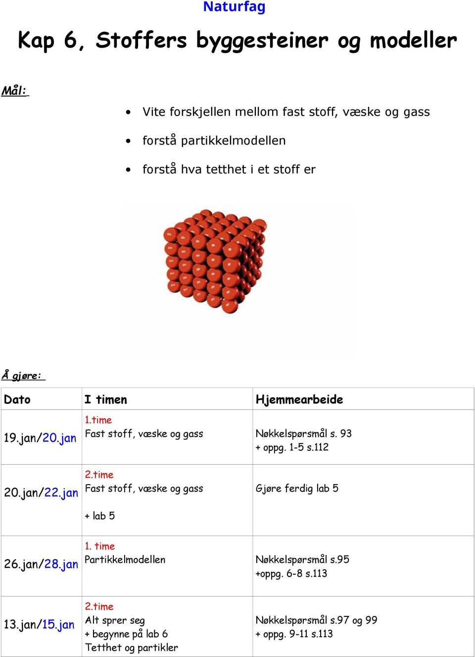 1-5 s.112 20.jan/22.jan 2.time Fast stoff, væske og gass + lab 5 Gjøre ferdig lab 5 26.jan/28.jan 1.