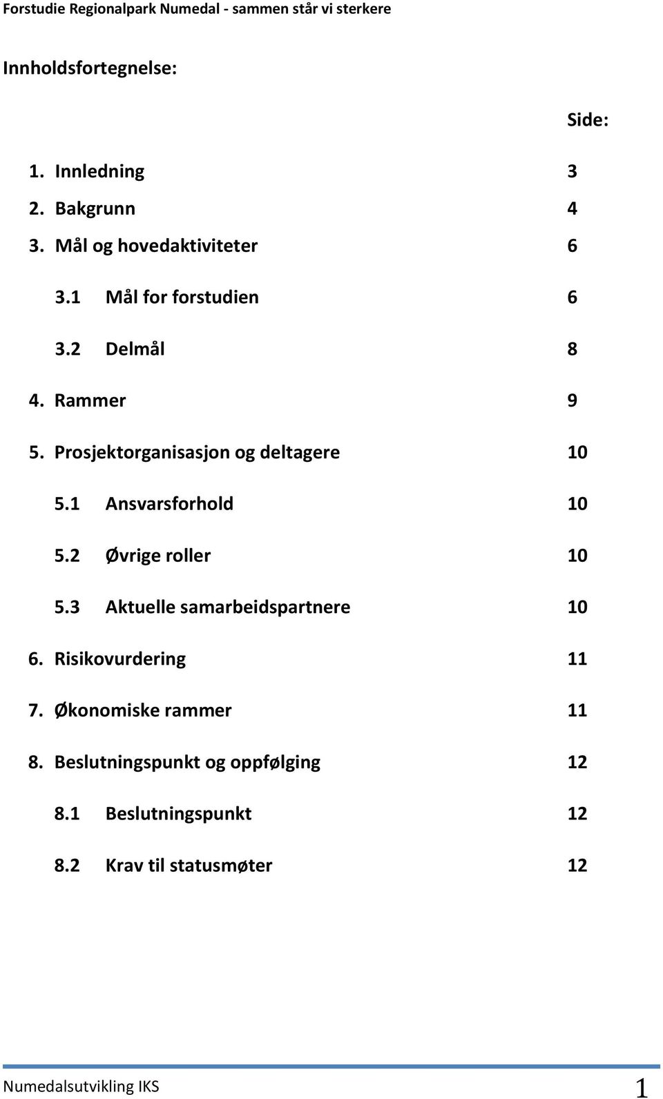 1 Ansvarsforhold 10 5.2 Øvrige roller 10 5.3 Aktuelle samarbeidspartnere 10 6. Risikovurdering 11 7.