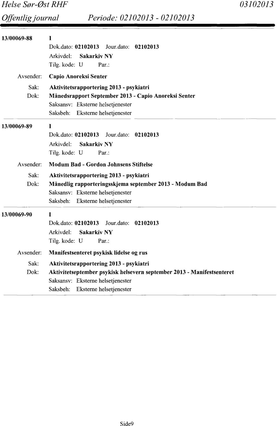 Aktivitetsrapportering 2013 - psykiatri Dok: Månedlig rapporteringsskjema september 2013 - Modum Bad 13/00069-90 Avsender: