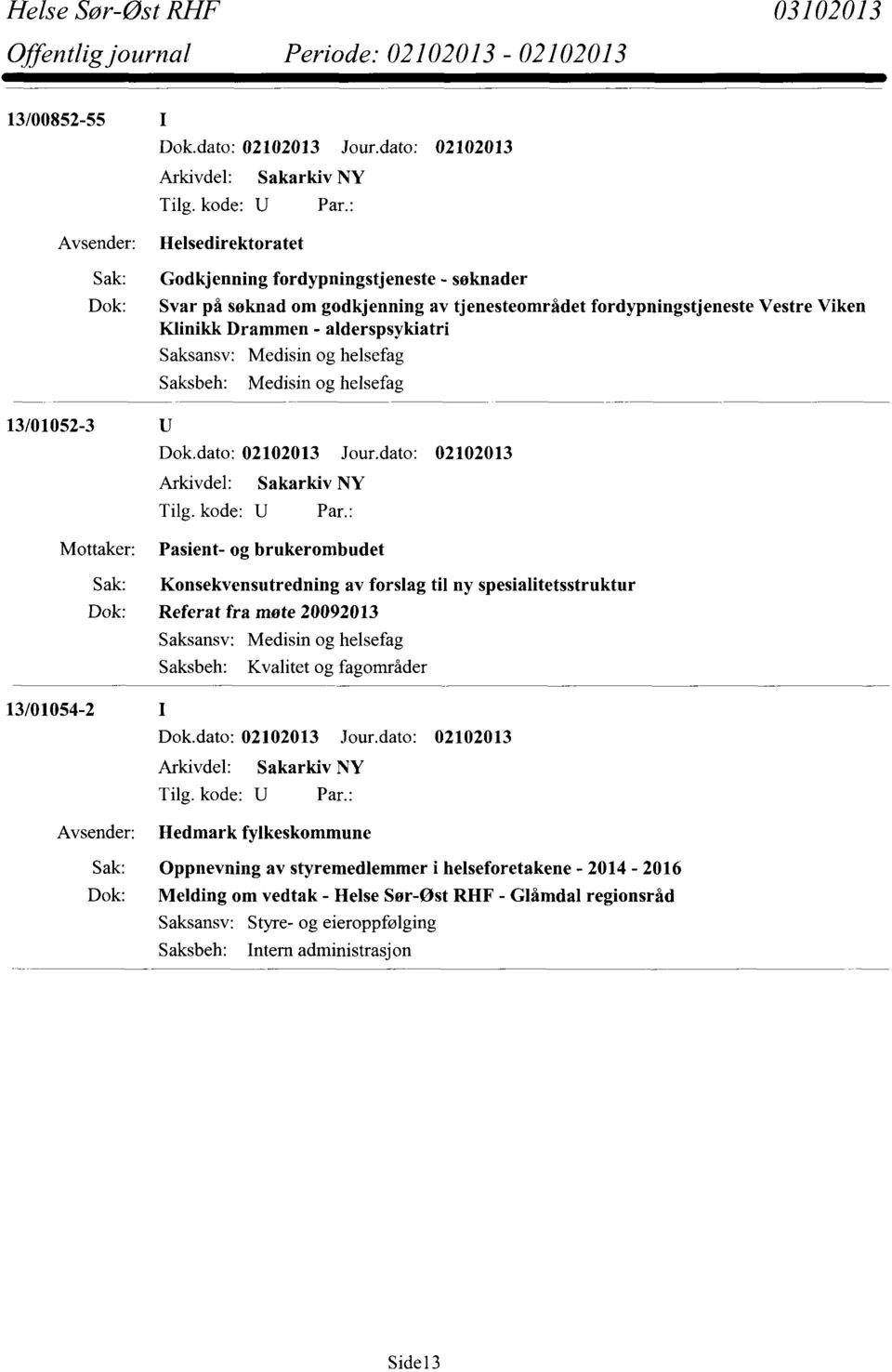 Konsekvensutredning av forslag til ny spesialitetsstruktur Dok: Referat fra mote 20092013 Saksansv: Medisin og helsefag Saksbeh: Kvalitet og fagområder 13/01054-2 Avsender: Hedmark