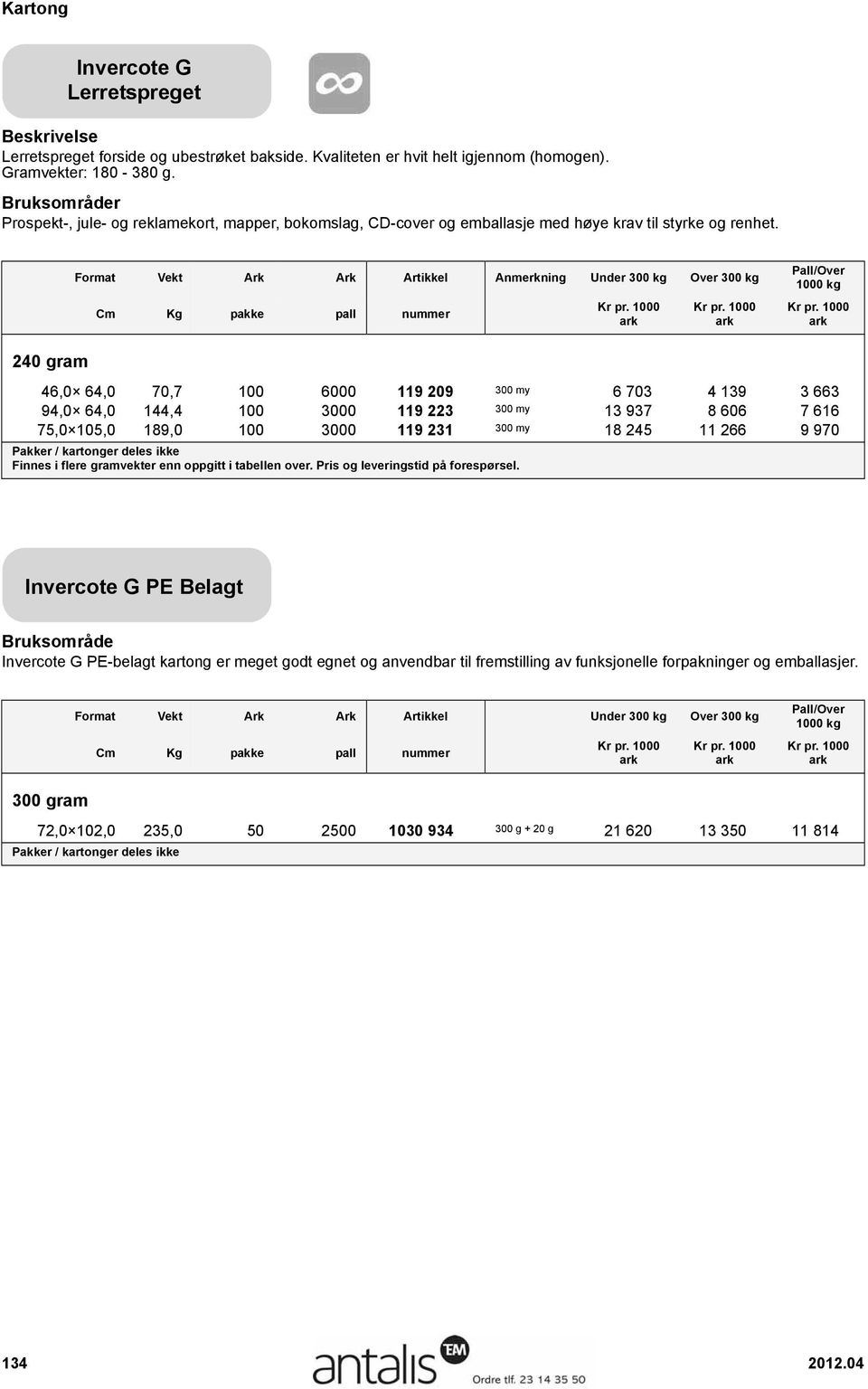 Format Vekt Ark Ark Artikkel Anmerkning Over 300 240 gram 46,0 64,0 70,7 100 6000 119 209 300 my 6 703 4 139 3 663 94,0 64,0 144,4 100 3000 119 223 300 my 13 937 8 606 7 616 75,0 105,0 189,0 100 3000