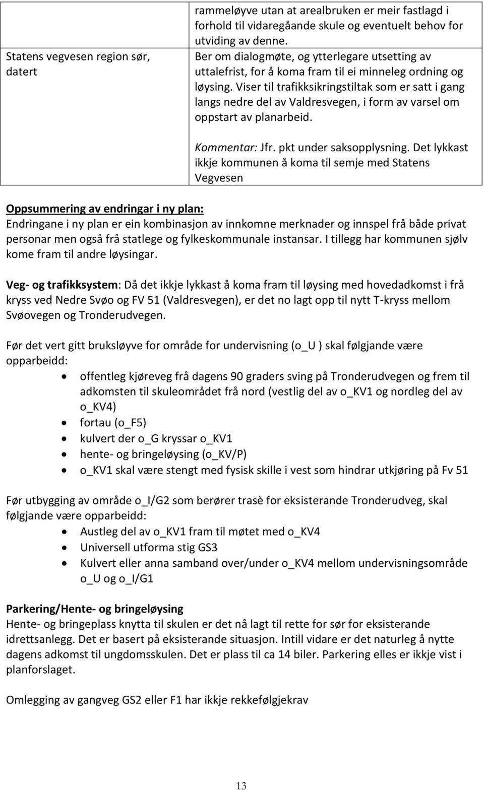 Viser til trafikksikringstiltak som er satt i gang langs nedre del av Valdresvegen, i form av varsel om oppstart av planarbeid. Kommentar: Jfr. pkt under saksopplysning.