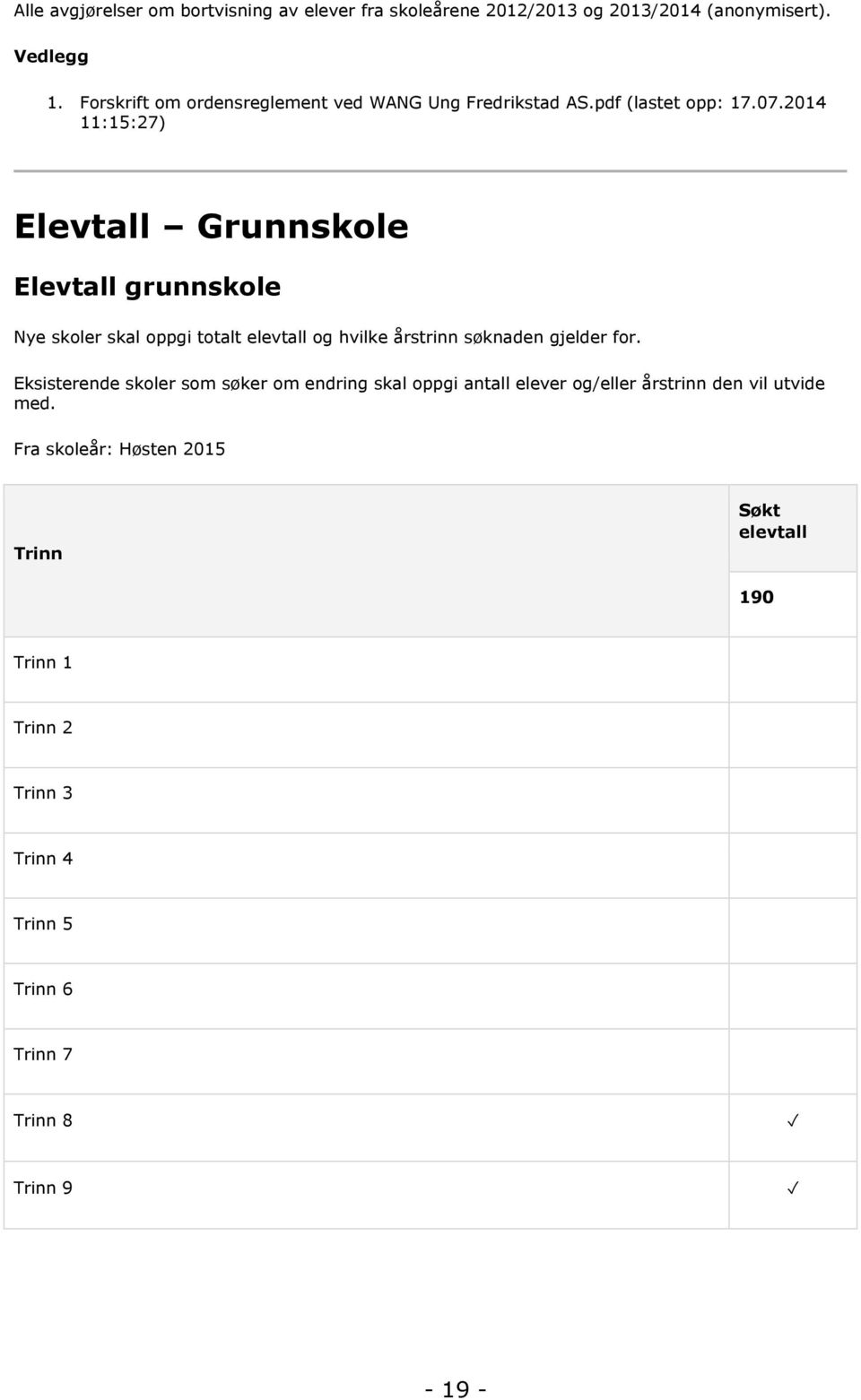 2014 11:15:27) Elevtall Grunnskole Elevtall grunnskole Nye skoler skal oppgi totalt elevtall og hvilke årstrinn søknaden gjelder for.