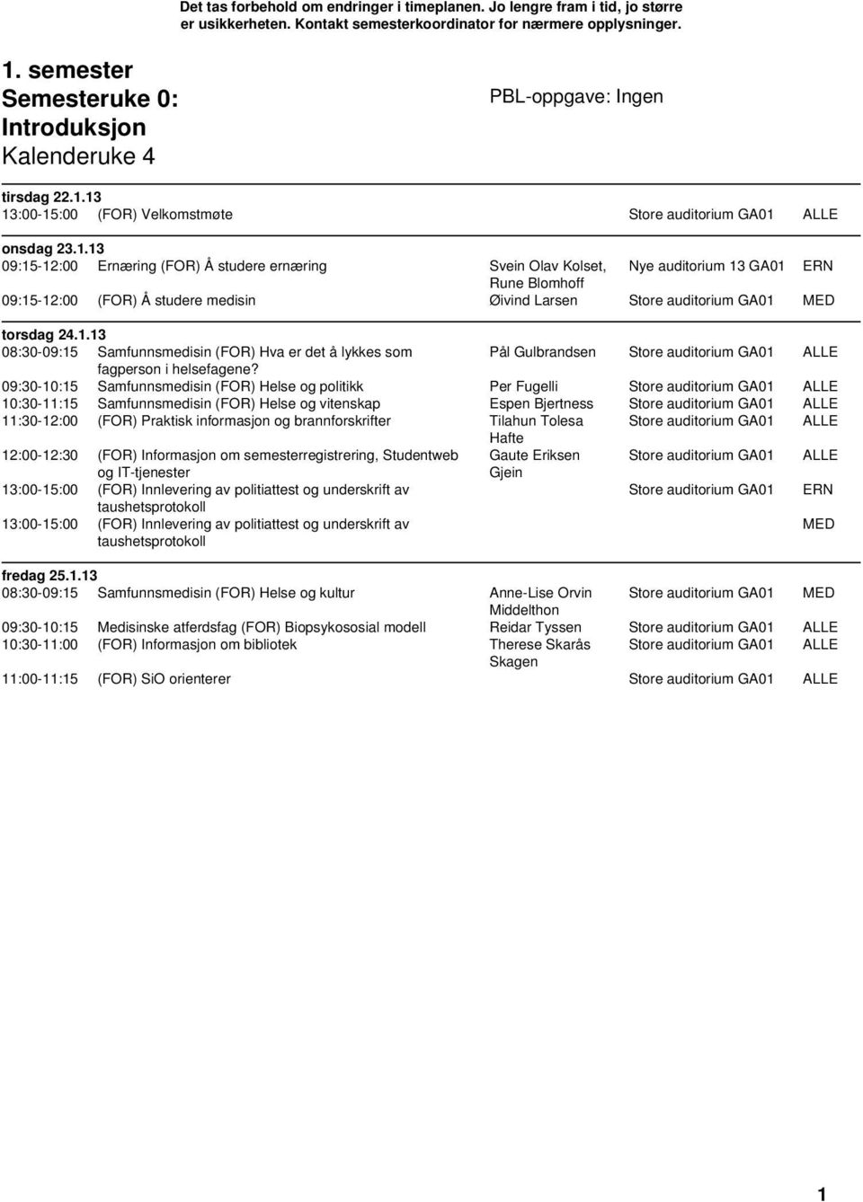 1.13 08:30-09:15 Samfunnsmedisin (FOR) Hva er det å lykkes som Pål Gulbrandsen Store auditorium GA01 ALLE fagperson i helsefagene?