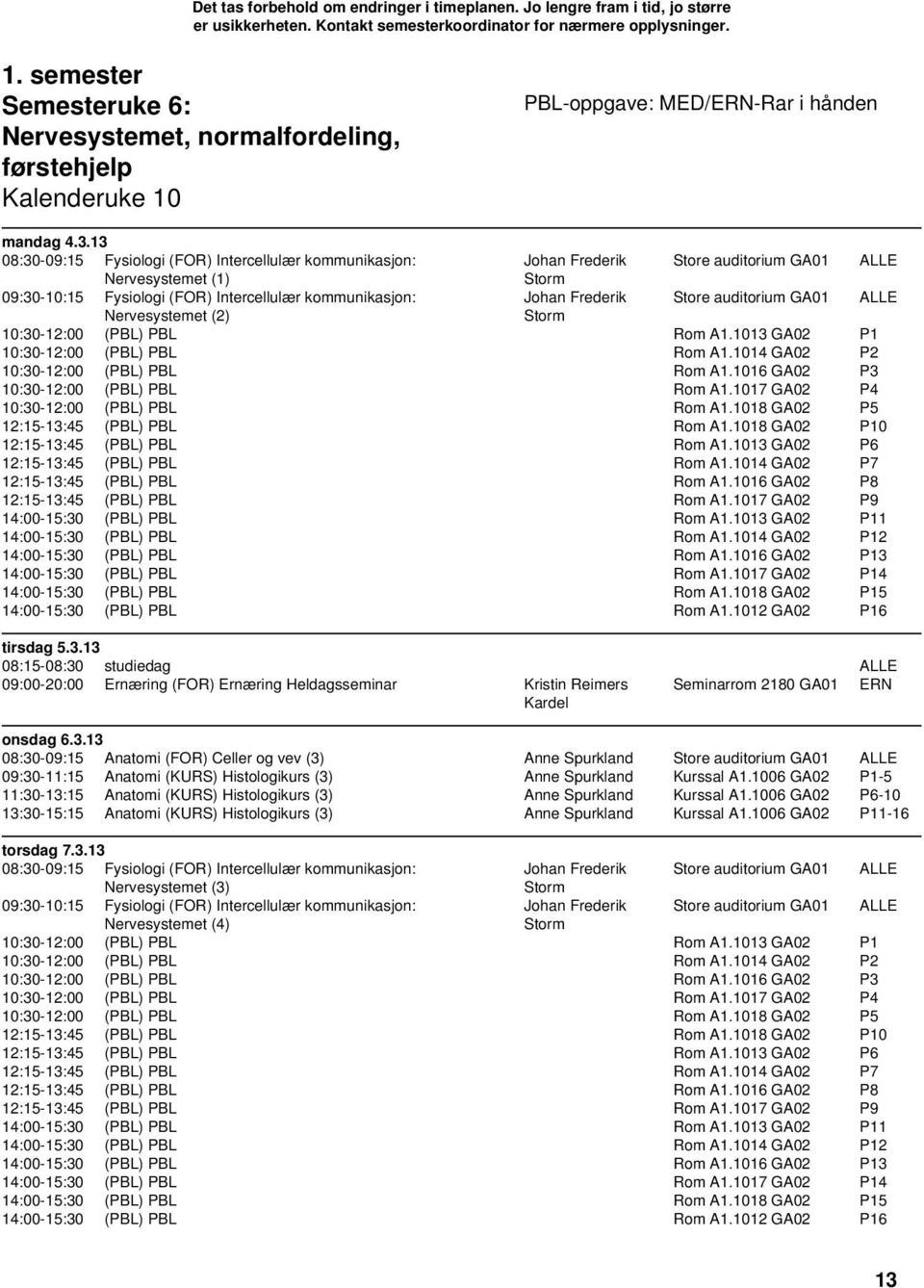 Store auditorium GA01 ALLE Nervesystemet (2) Storm 10:30-12:00 (PBL) PBL Rom A1.1013 GA02 P1 10:30-12:00 (PBL) PBL Rom A1.1014 GA02 P2 10:30-12:00 (PBL) PBL Rom A1.