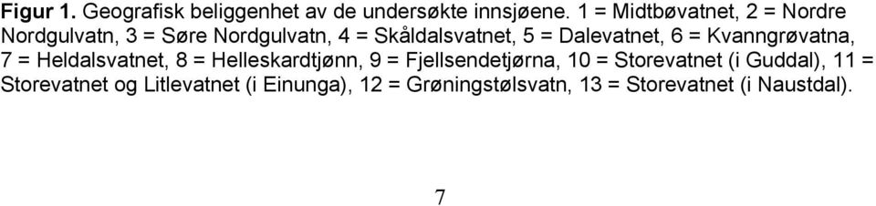 Dalevatnet, 6 = Kvanngrøvatna, 7 = Heldalsvatnet, 8 = Helleskardtjønn, 9 = Fjellsendetjørna,