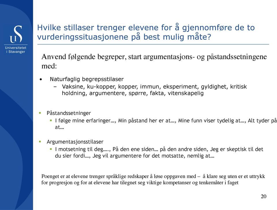 spørre, fakta, vitenskapelig Påstandssetninger I følge mine erfaringer, Min påstand her er at, Mine funn viser tydelig at, Alt tyder på at Argumentasjonsstilaser I motsetning til deg.