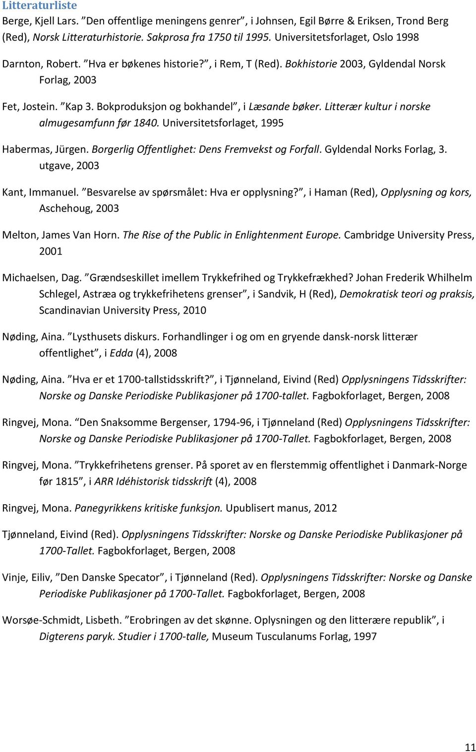 Bokproduksjon og bokhandel, i Læsande bøker. Litterær kultur i norske almugesamfunn før 1840. Universitetsforlaget, 1995 Habermas, Jürgen. Borgerlig Offentlighet: Dens Fremvekst og Forfall.