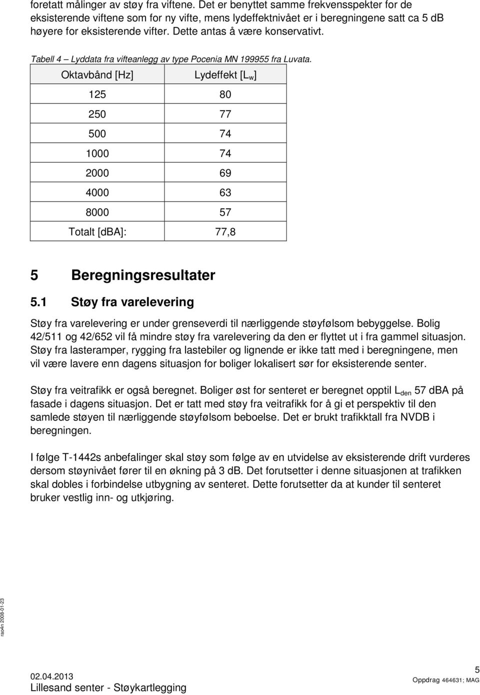 Tabell 4 Lyddata fra vifteanlegg av type Pocenia MN 199955 fra Luvata. Oktavbånd [Hz] Lydeffekt [L w ] 125 80 250 77 500 74 1000 74 2000 69 4000 63 8000 57 Totalt [dba]: 77,8 5 Beregningsresultater 5.