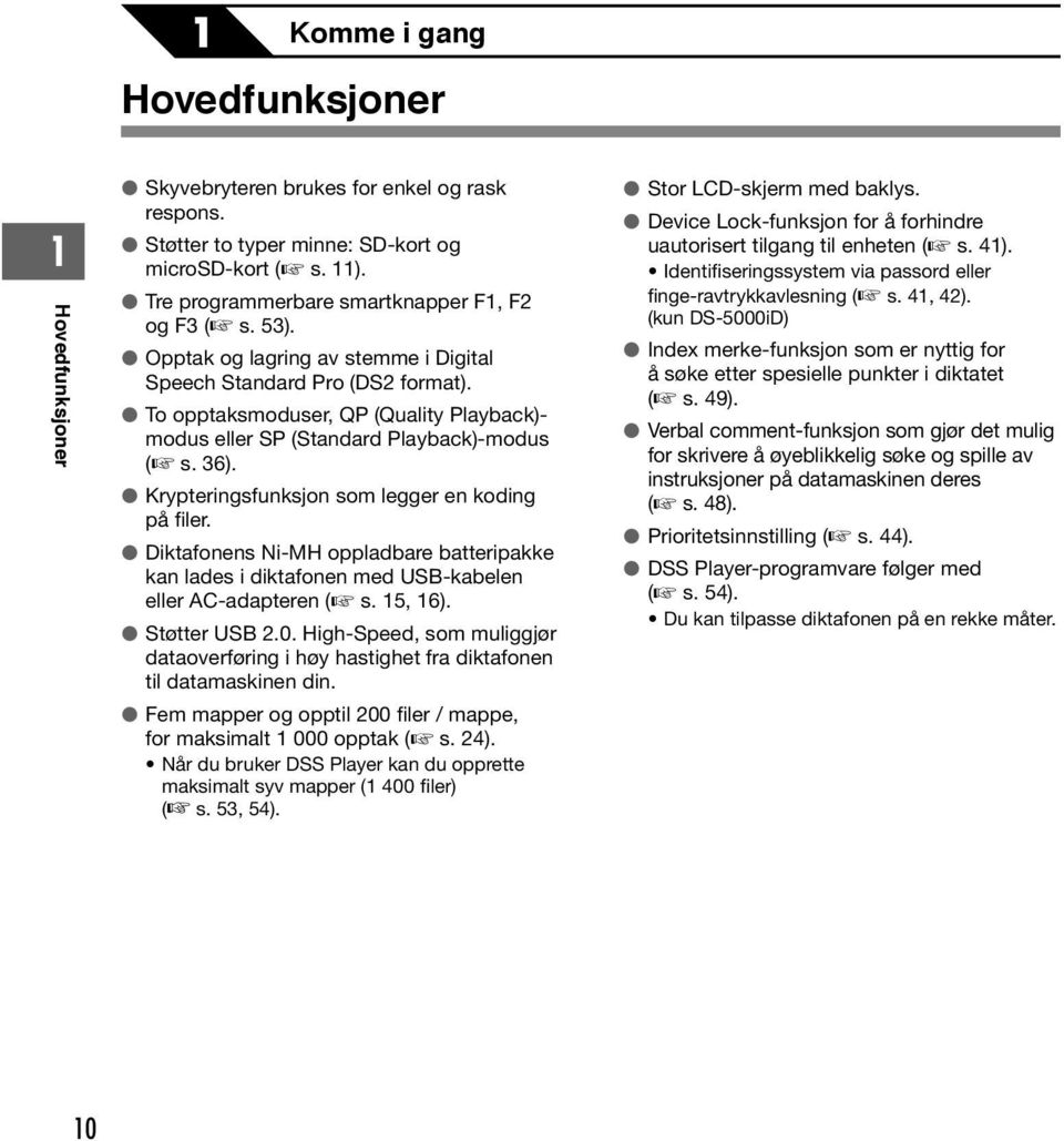 Krypteringsfunksjon som legger en koding på filer. Diktafonens Ni-MH oppladbare batteripakke kan lades i diktafonen med USB-kabelen eller AC-adapteren ( s. 5, 6). Støtter USB.0.