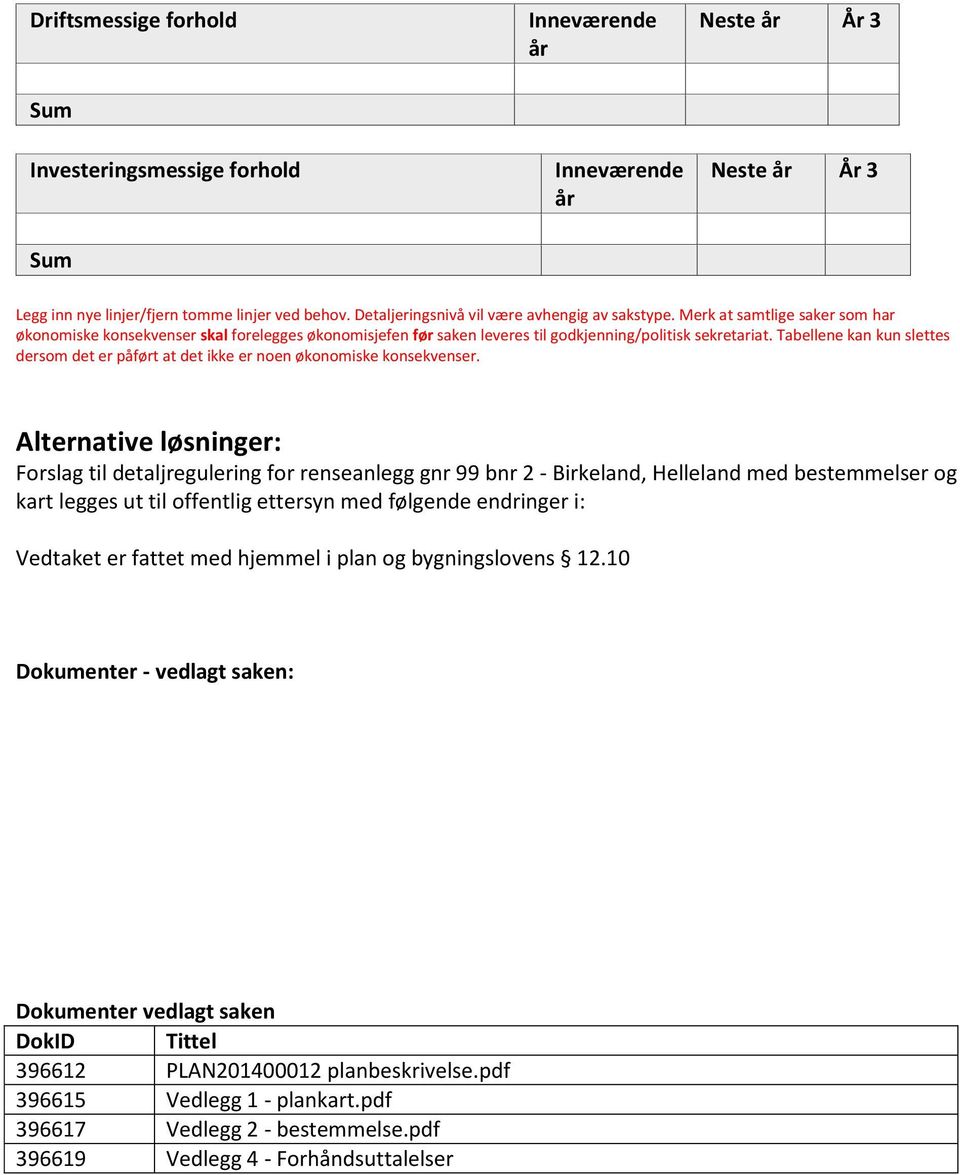 Tabellene kan kun slettes dersom det er påført at det ikke er noen økonomiske konsekvenser.