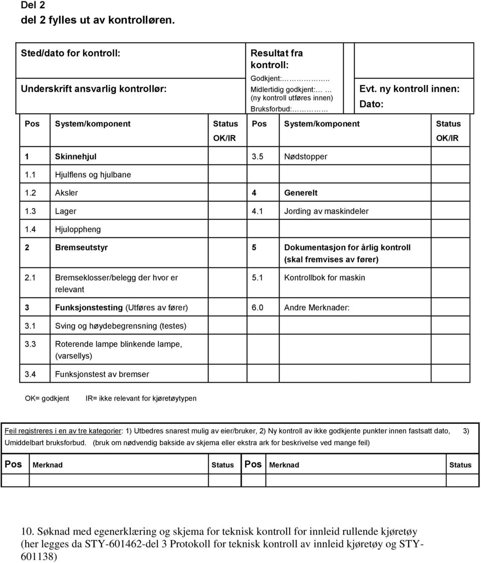 1 Jording av maskindeler 1.4 Hjuloppheng 2 Bremseutstyr 5 Dokumentasjon for årlig kontroll (skal fremvises av fører) 2.1 Bremseklosser/belegg der hvor er relevant 5.