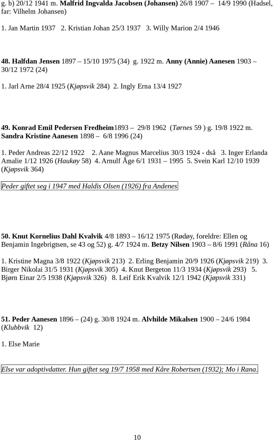 Konrad Emil Pedersen Fredheim1893 29/8 1962 (Tørnes 59 ) g. 19/8 1922 m. Sandra Kristine Aanesen 1898 6/8 1996 (24) 1. Peder Andreas 22/12 1922 2. Aane Magnus Marcelius 30/3 1924 - dså 3.