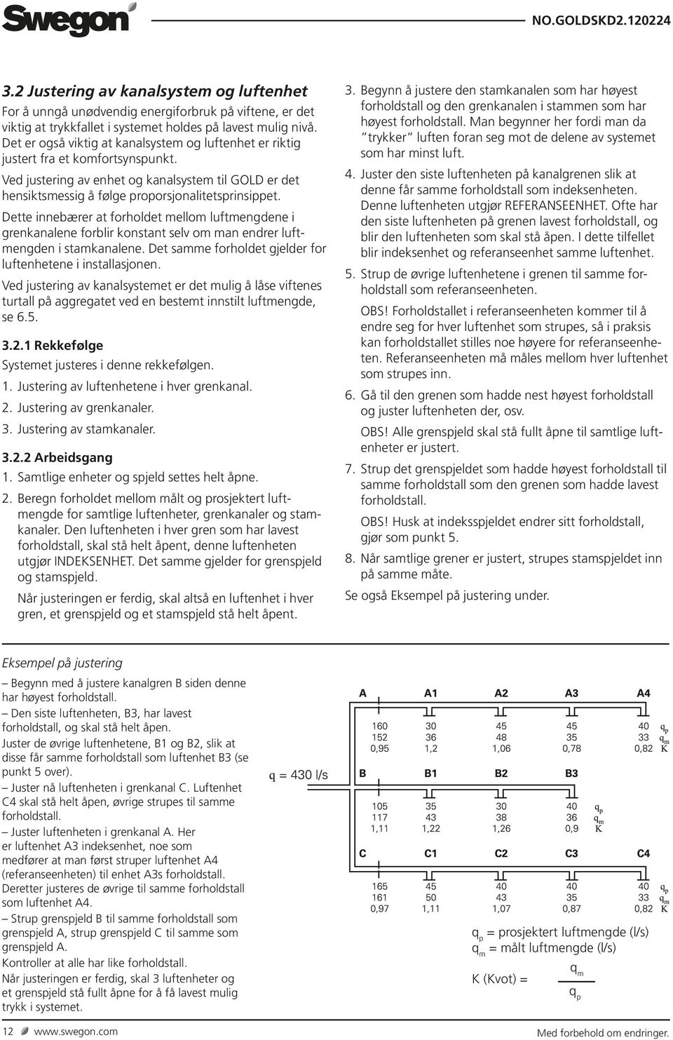 Dette innebærer at forholdet mellom luftmengdene i grenkanalene forblir konstant selv om man endrer luftmengden i stamkanalene. Det samme forholdet gjelder for luftenhetene i installasjonen.