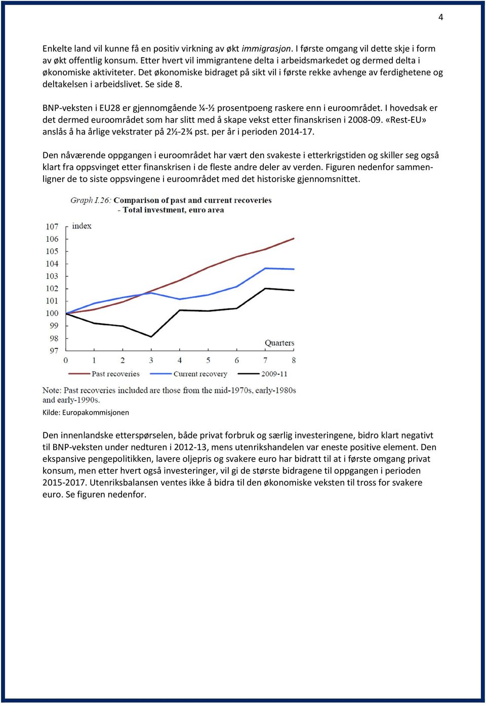 Se side 8. BNP-veksten i EU28 er gjennomgående ¼-½ prosentpoeng raskere enn i euroområdet. I hovedsak er det dermed euroområdet som har slitt med å skape vekst etter finanskrisen i 2008-09.