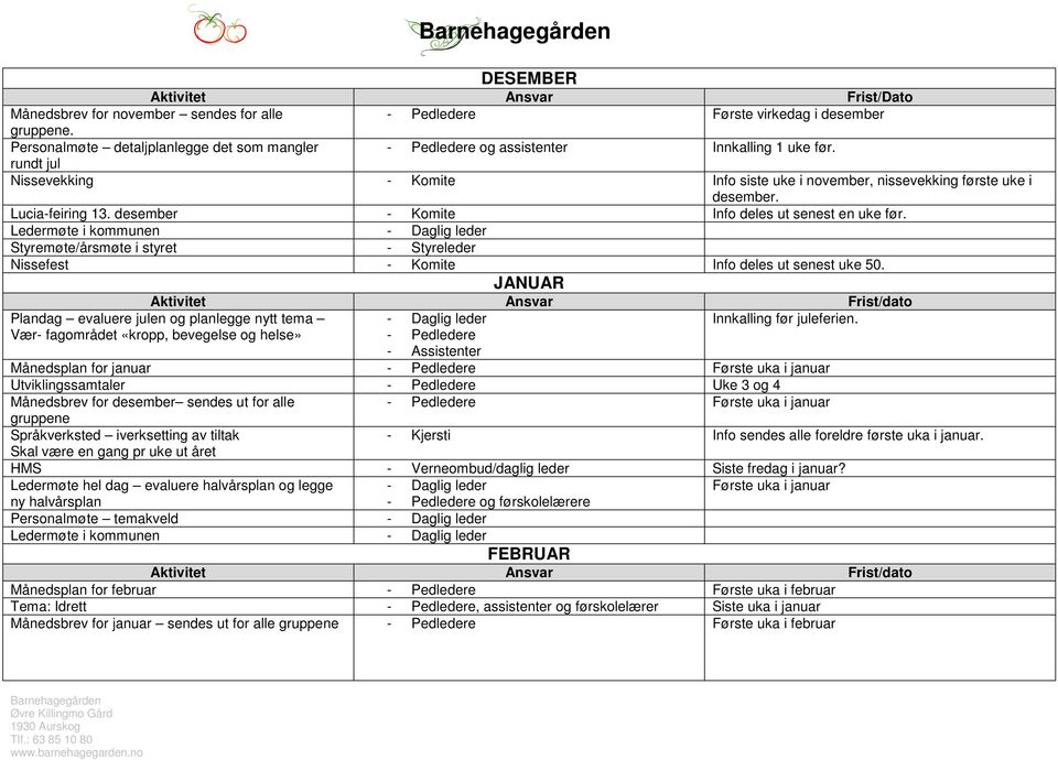 Ledermøte i kommunen Styremøte/årsmøte i styret - Styreleder Nissefest - Komite Info deles ut senest uke 50. JANUAR Plandag evaluere julen og planlegge nytt tema Innkalling før juleferien.