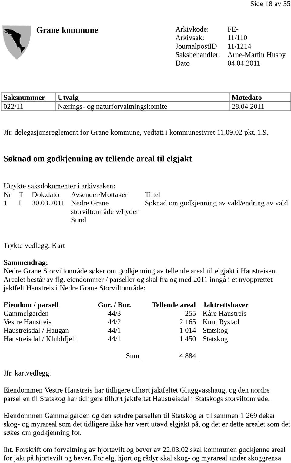 02 pkt. 1.9. Søknad om godkjenning av tellende areal til elgjakt Utrykte saksdokumenter i arkivsaken: Nr T Dok.dato Avsender/Mottaker Tittel 1 I 30.03.