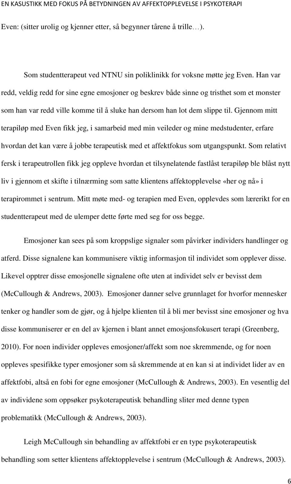 Gjennom mitt terapiløp med Even fikk jeg, i samarbeid med min veileder og mine medstudenter, erfare hvordan det kan være å jobbe terapeutisk med et affektfokus som utgangspunkt.