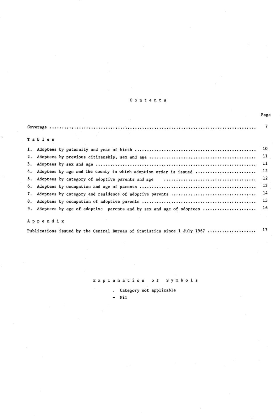 Adoptees by occupation and age of parents 7. Adoptees by category and residence of adoptive parents 8. Adoptees by occupation of adoptive parents 9.