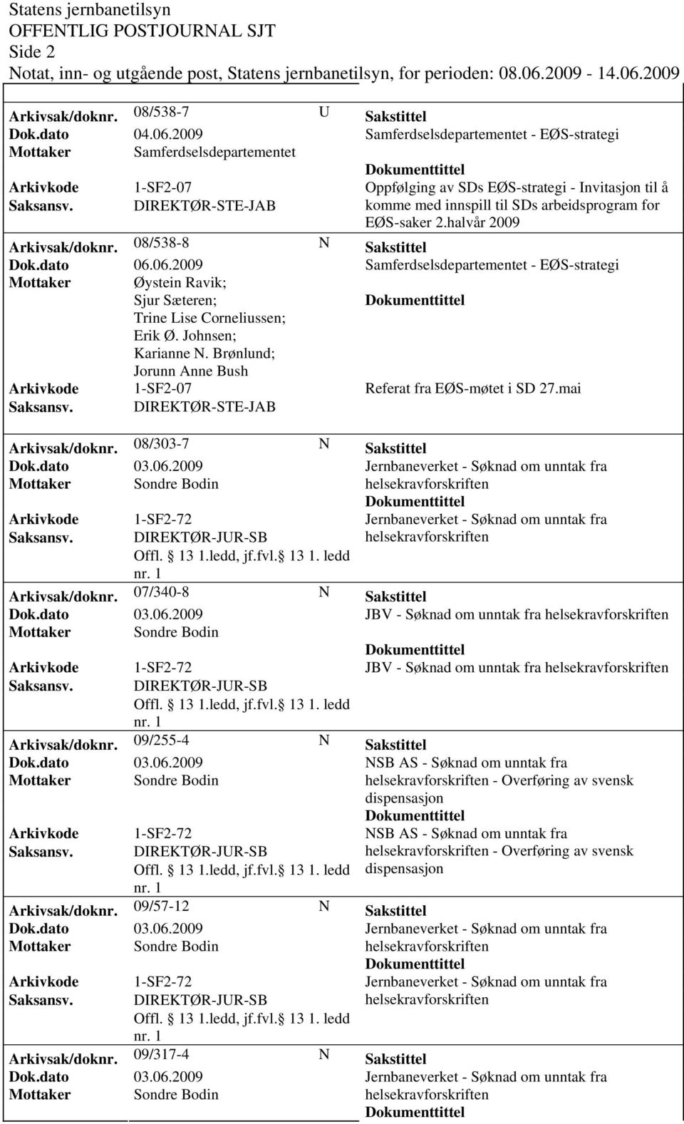 06.2009 Samferdselsdepartementet - EØS-strategi Mottaker Øystein Ravik; Sjur Sæteren; Trine Lise Corneliussen; Erik Ø. Johnsen; Karianne N.