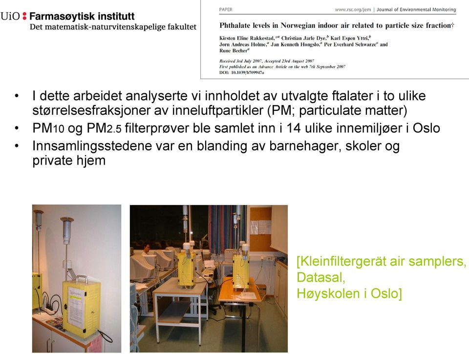 5 filterprøver ble samlet inn i 14 ulike innemiljøer i Oslo Innsamlingsstedene var en