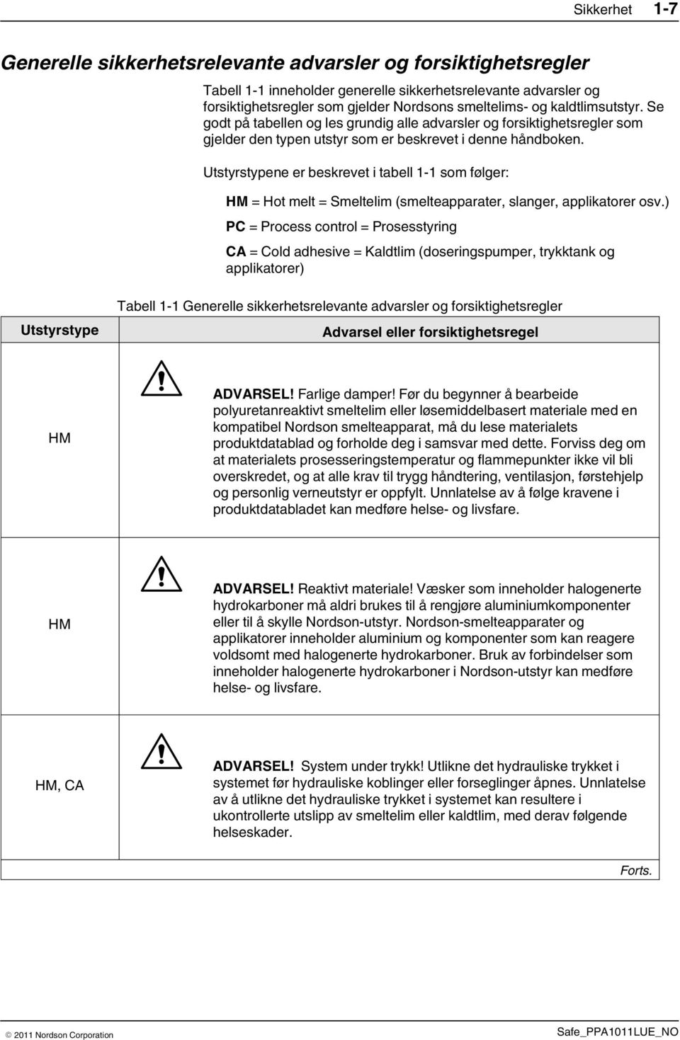 Utstyrstypene er beskrevet i tabell 1 1 som følger: HM = Hot melt = Smeltelim (smelteapparater, slanger, applikatorer osv.