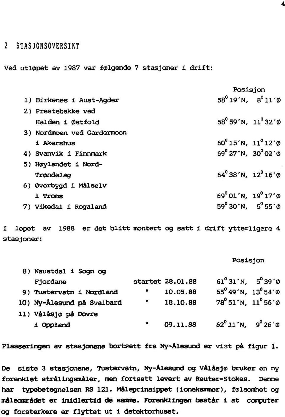 30'N, 5 55'0 I løpet av 1988 er det blitt montert og satt i drift ytterligere 4 stasjoner: Posisjon 8) Naustdal i Sogn og Fjordane startet 28.01.88 61 31"N, 5 39'0 9) Tustervatn i Nordland " 10.05.