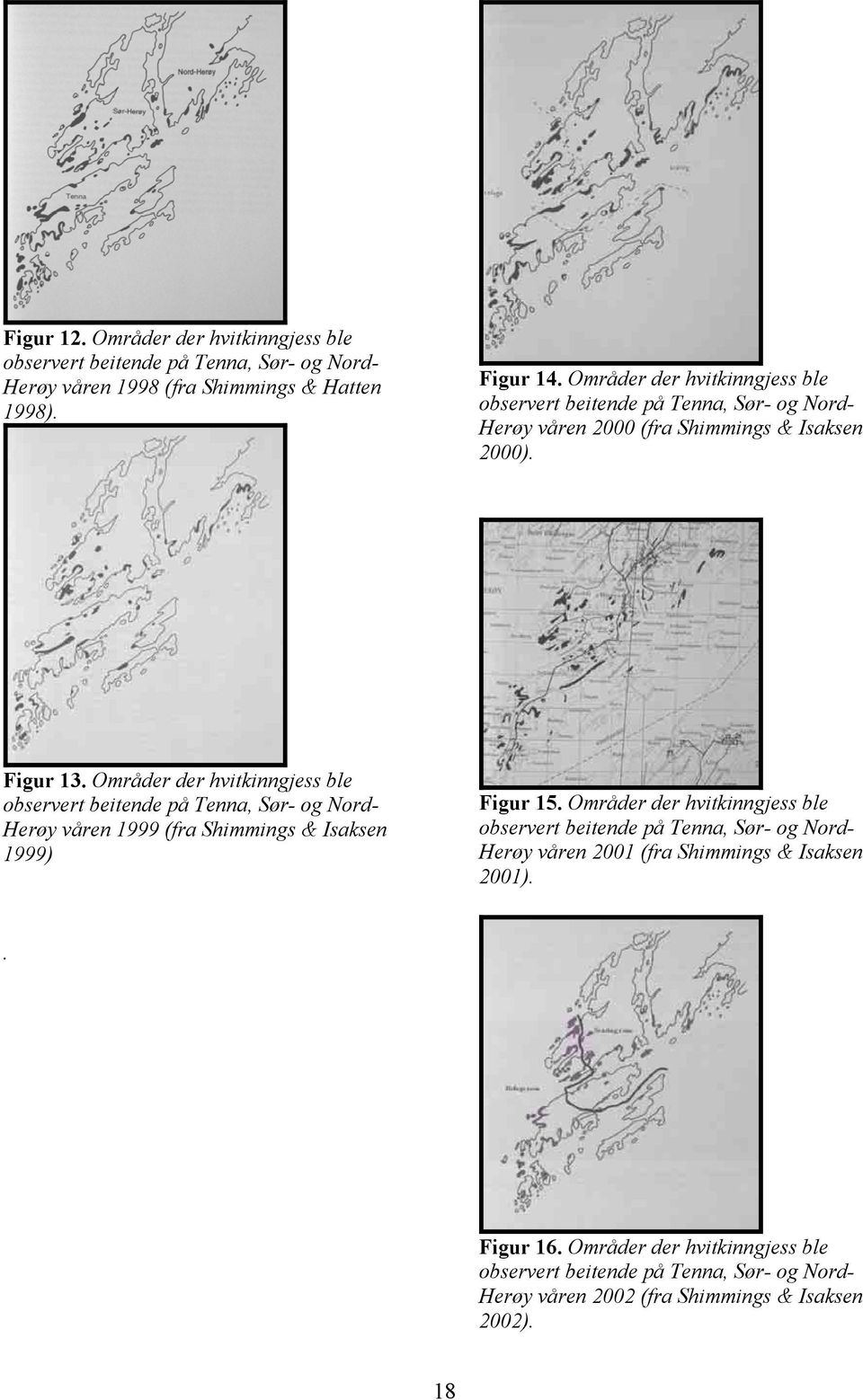 Områder der hvitkinngjess ble observert beitende på Tenna, Sør- og Nord- Herøy våren 1999 (fra Shimmings & Isaksen 1999) Figur 15.