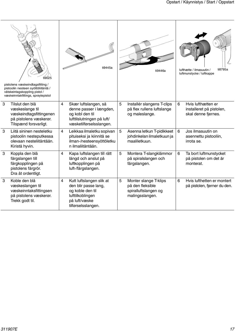 4 Skær luftslangen, så denne passer i længden, og kobl den til lufttilslutningen på luft/ væsketilførselsslangen. 5 Installér slangens T-clips på flex rullens luftslange og maleslange.