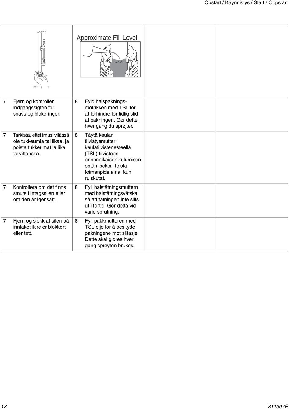 7 Fjern og sjekk at silen på inntaket ikke er blokkert eller tett. 8 Fyld halspakningsmøtrikken med TSL for at forhindre for tidlig slid af pakningen. Gør dette, hver gang du sprøjter.