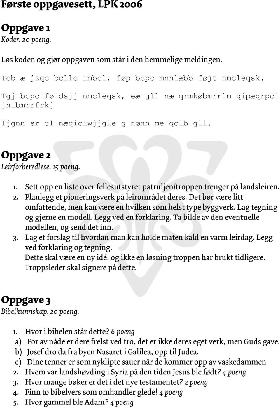 poeng. 1. Sett opp en liste over fellesutstyret patruljen/troppen trenger på landsleiren. 2. Planlegg et pioneringsverk på leirområdet deres.